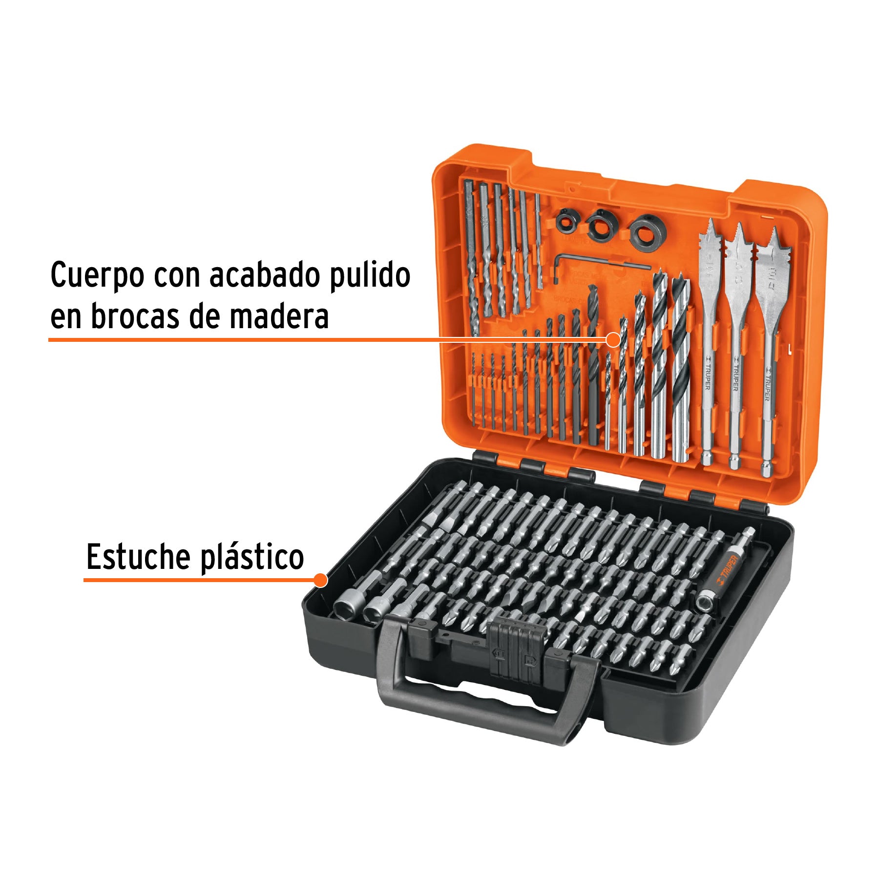 Juego de 100 brocas y puntas en estuche plastico Truper