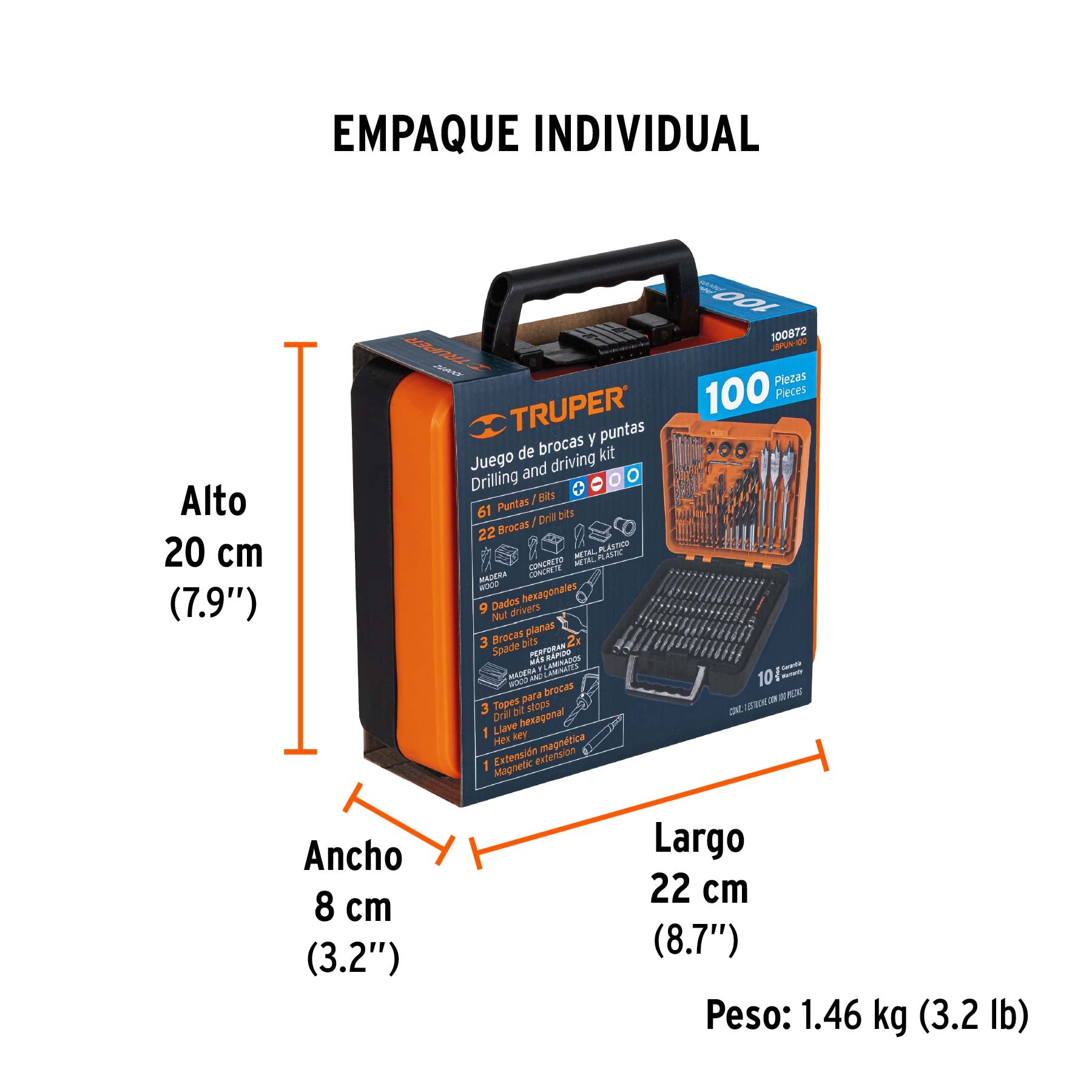 Juego de 100 brocas y puntas en estuche plastico Truper