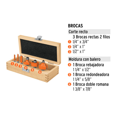 Juego de 6 brocas para router Truper
