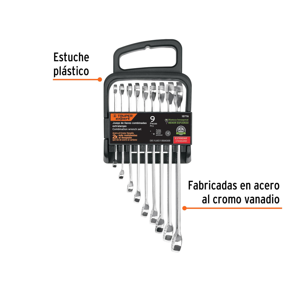 Juego de 9 llaves combinadas extralargas pulidas std, EXPERT