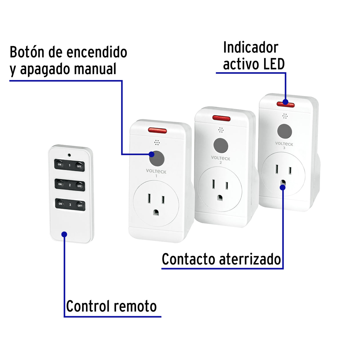 Juego de 3 Contactos con control remoto, Volteck