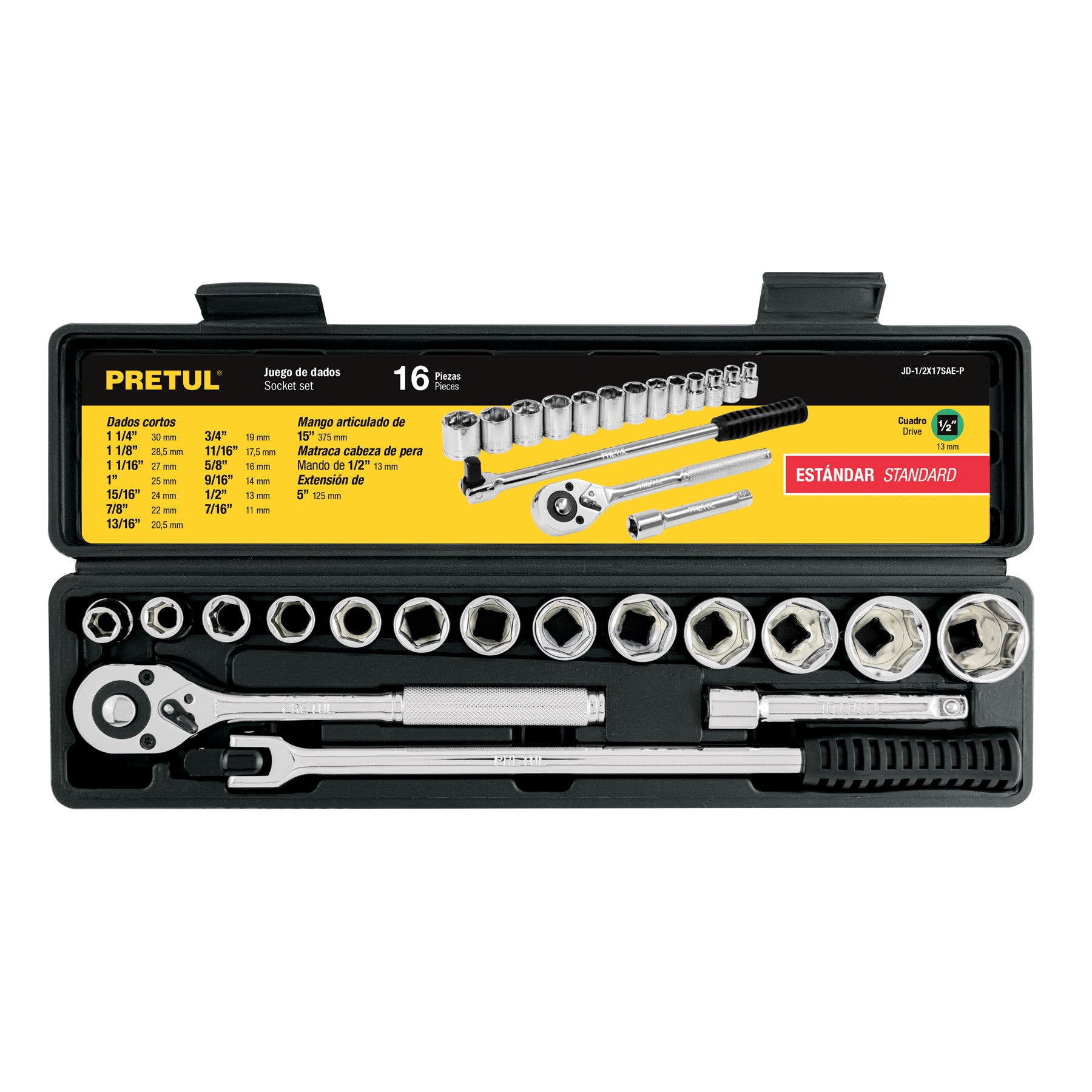 Juego de 16 herramientas 1/2' std para mecánico, Pretul