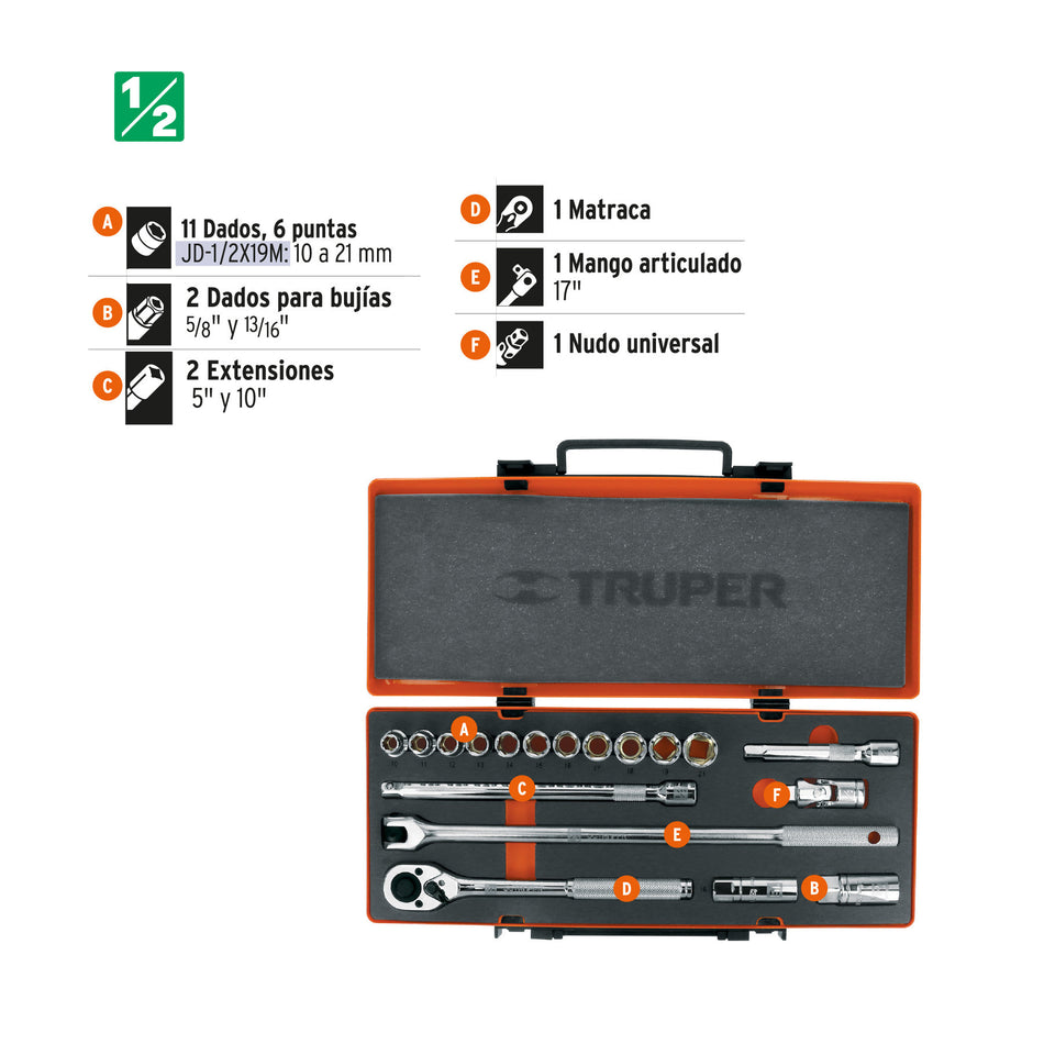 Juego de 18 herramientas cuadro 1/2' mm para mecánico