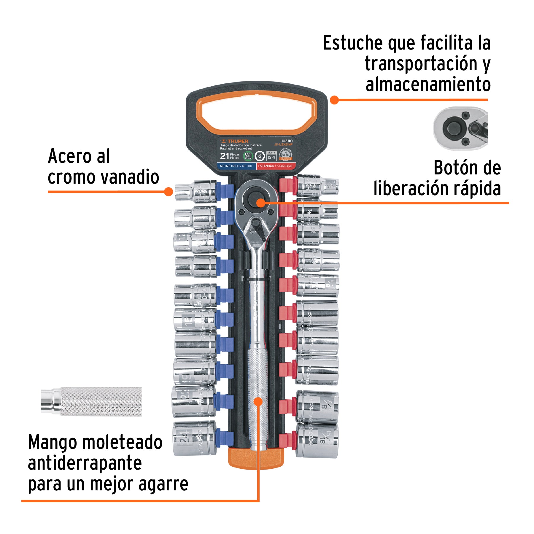 Juego de dados mm y std con matraca cuadro Truper 1/2"