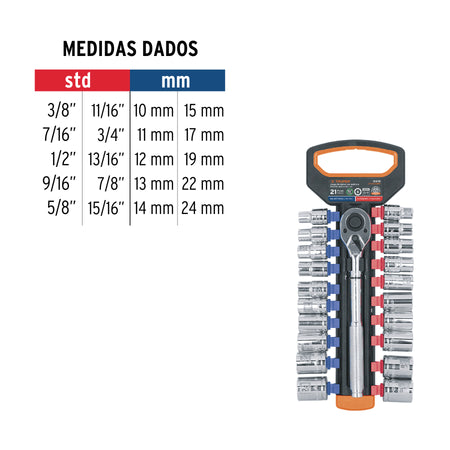 Juego de dados mm y std con matraca cuadro Truper 1/2"