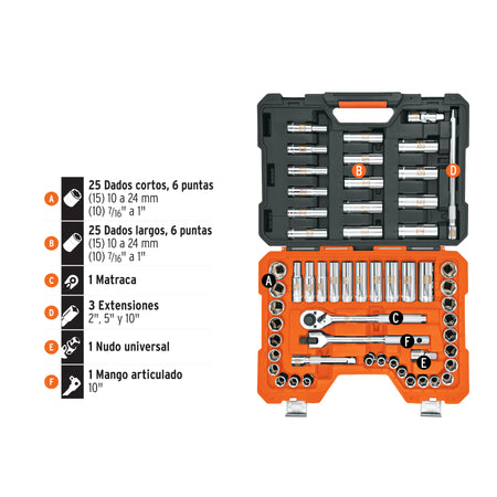 Juego de 56 herramientas cuadro 1/2" std y mm para mecanico