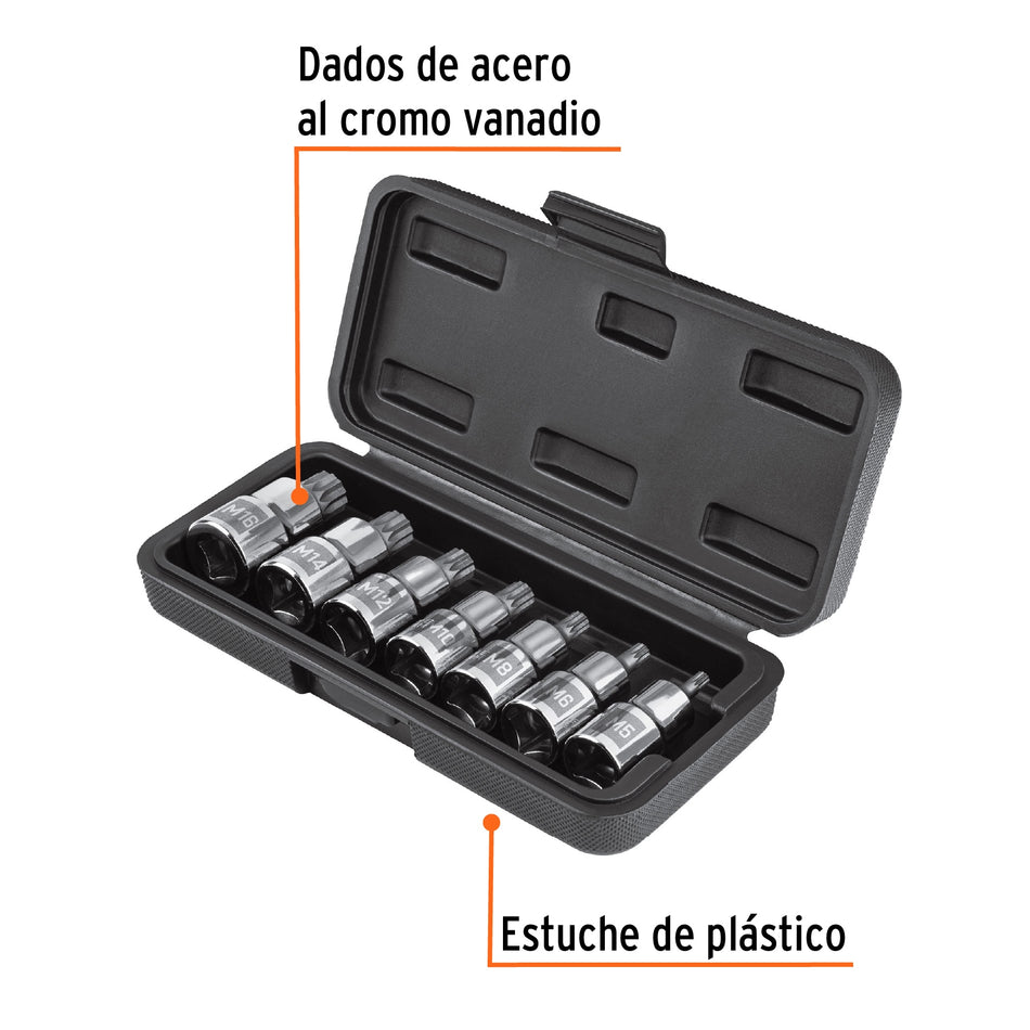 Juego de 7 dados cuadro 1/2' punta corta bristol, en estuche