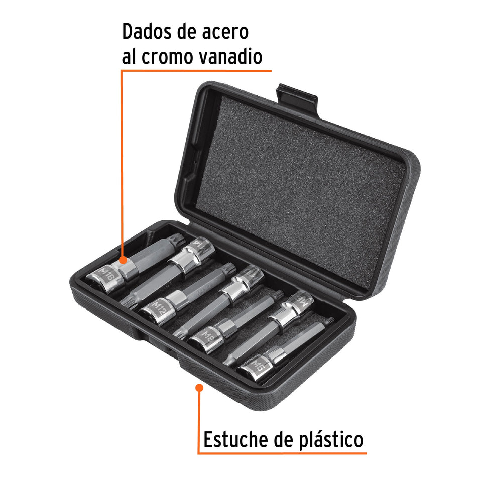 Juego de 7 dados cuadro 1/2' punta larga bristol, en estuche