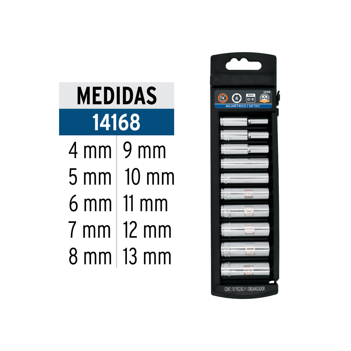 Juego de 10 dados largos cuadro 1/4' mm, Truper