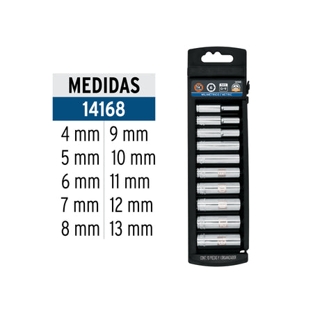 Juego de 10 dados largos cuadro 1/4' mm, Truper