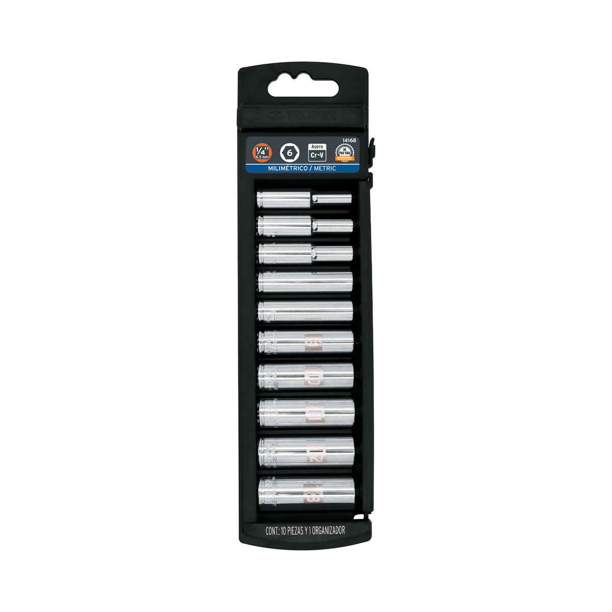 Juego de 10 dados largos cuadro 1/4' mm, Truper