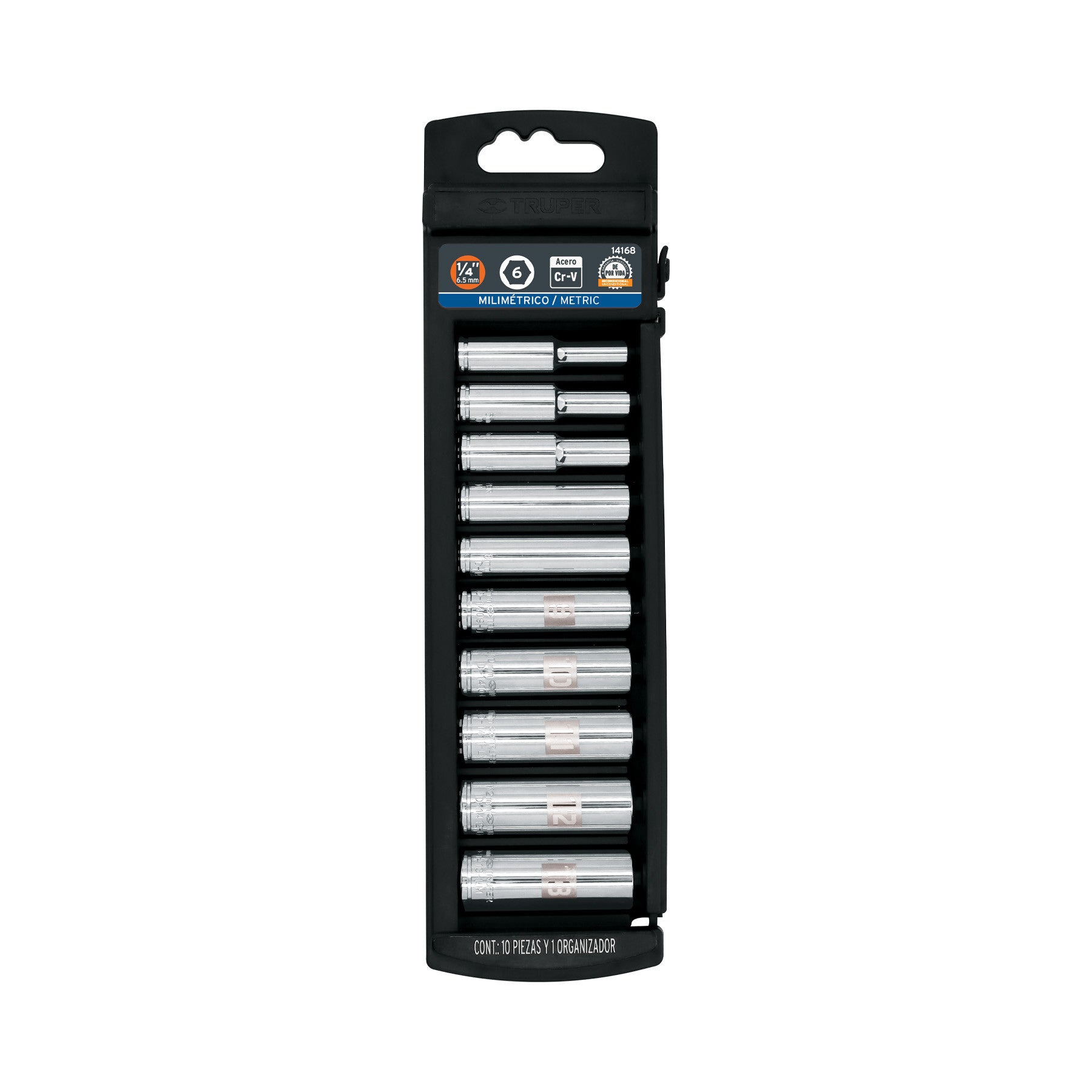 Juego de 10 dados largos cuadro 1/4' mm, Truper