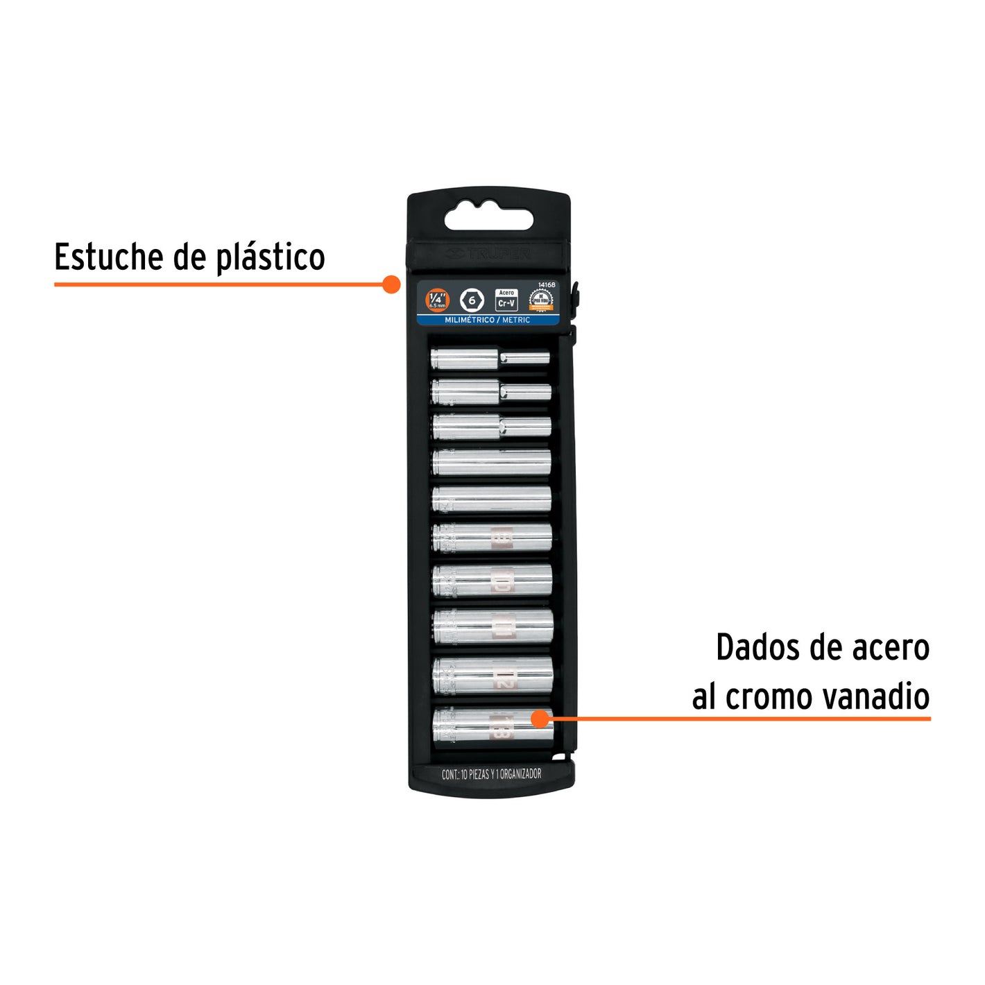 Juego de 10 dados largos cuadro 1/4' mm, Truper