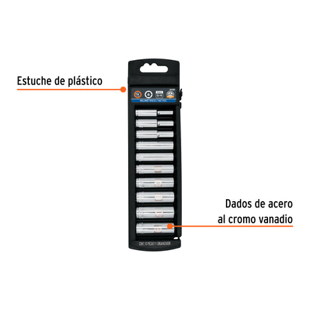 Juego de 10 dados largos cuadro 1/4' mm, Truper