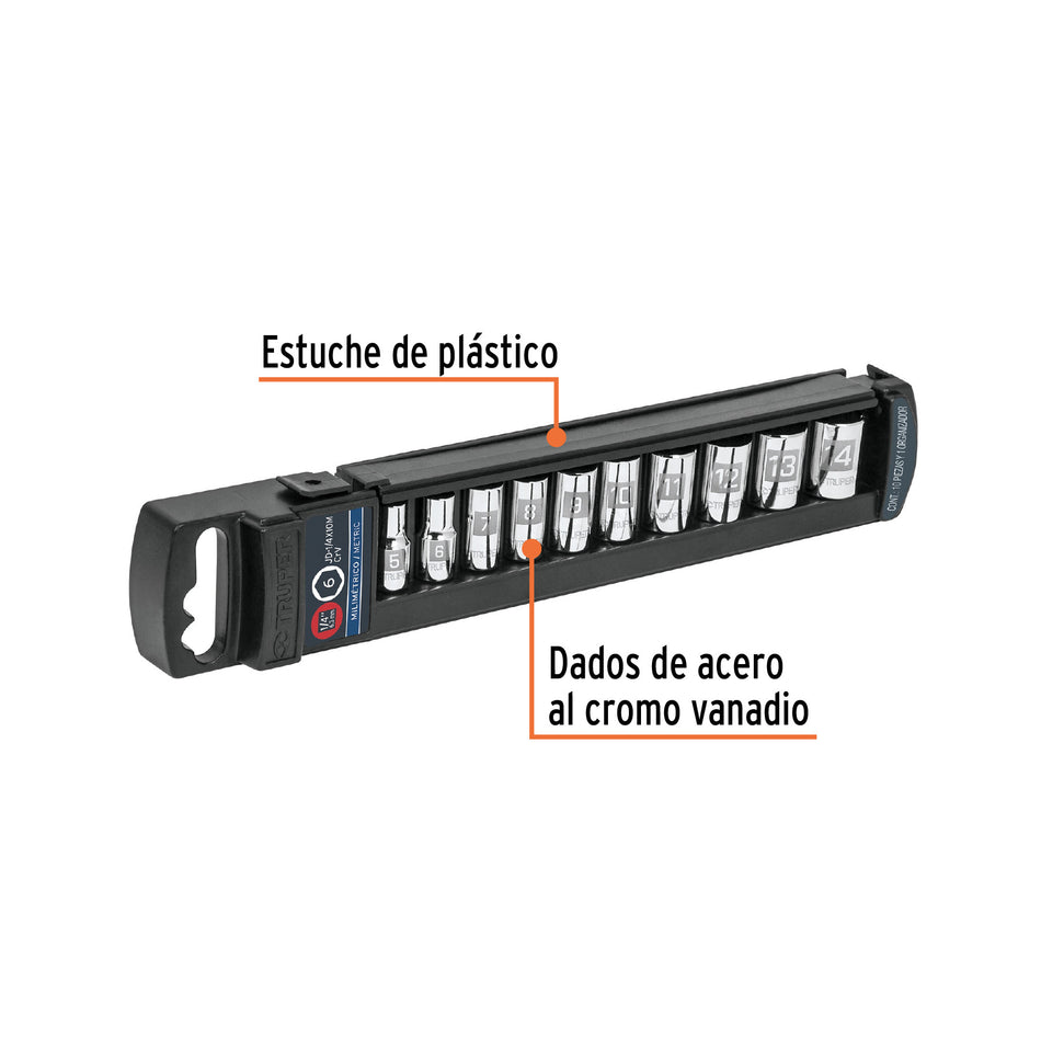 Juego de 10 dados cuadro 1/4' mm, Truper