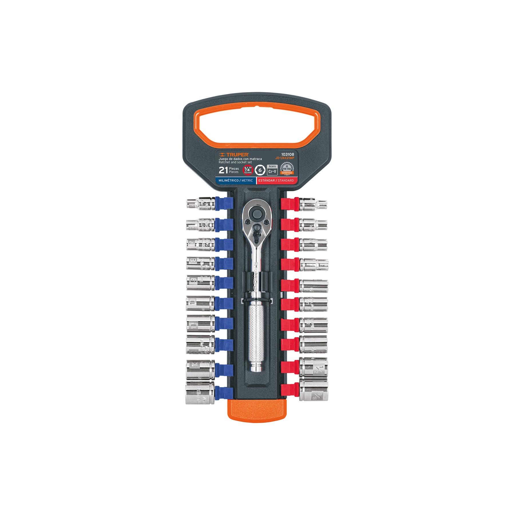 Juego de dados mm y std con matraca cuadro Truper 1/4"