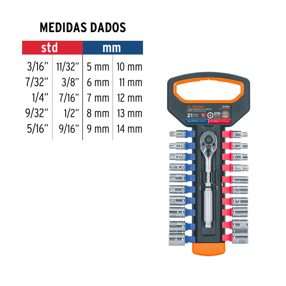 Juego de dados mm y std con matraca cuadro Truper 1/4"