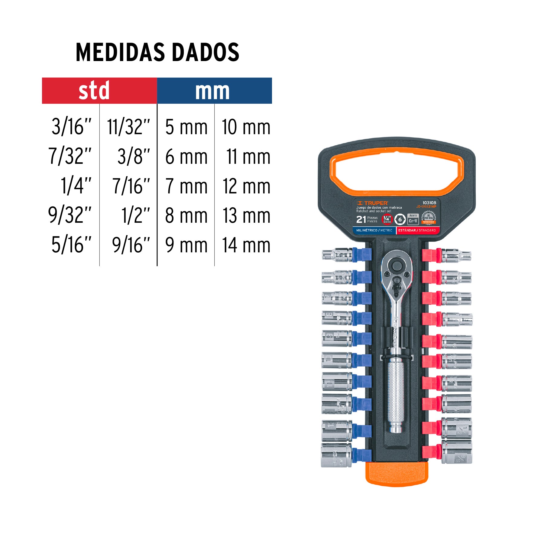 Juego de dados mm y std con matraca cuadro Truper 1/4"