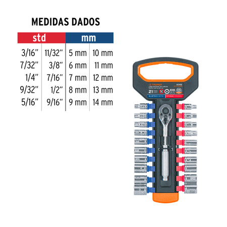 Juego de dados mm y std con matraca cuadro Truper 1/4"
