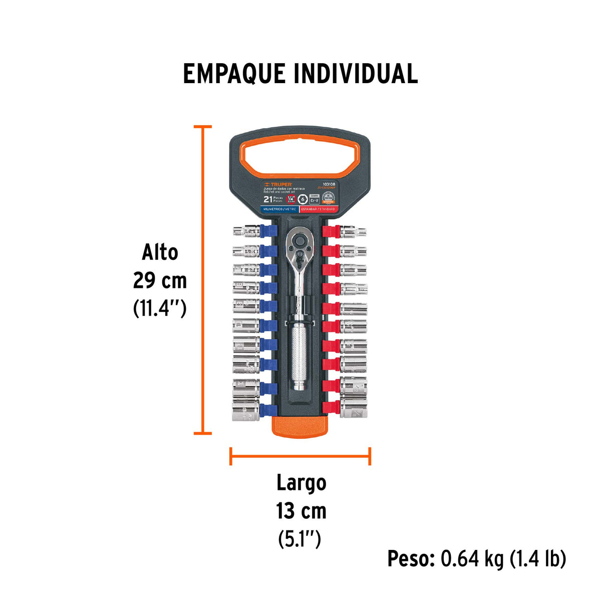 Juego de dados mm y std con matraca cuadro Truper 1/4"