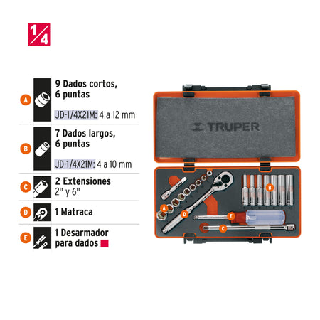 Juego de 20 herramientas cuadro 1/4' mm para mecánico