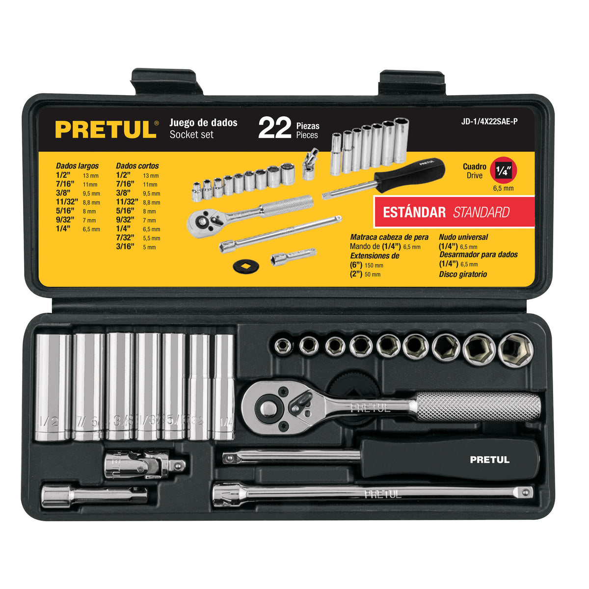 Juego de 22 herramientas 1/4' std para mecánico, Pretul