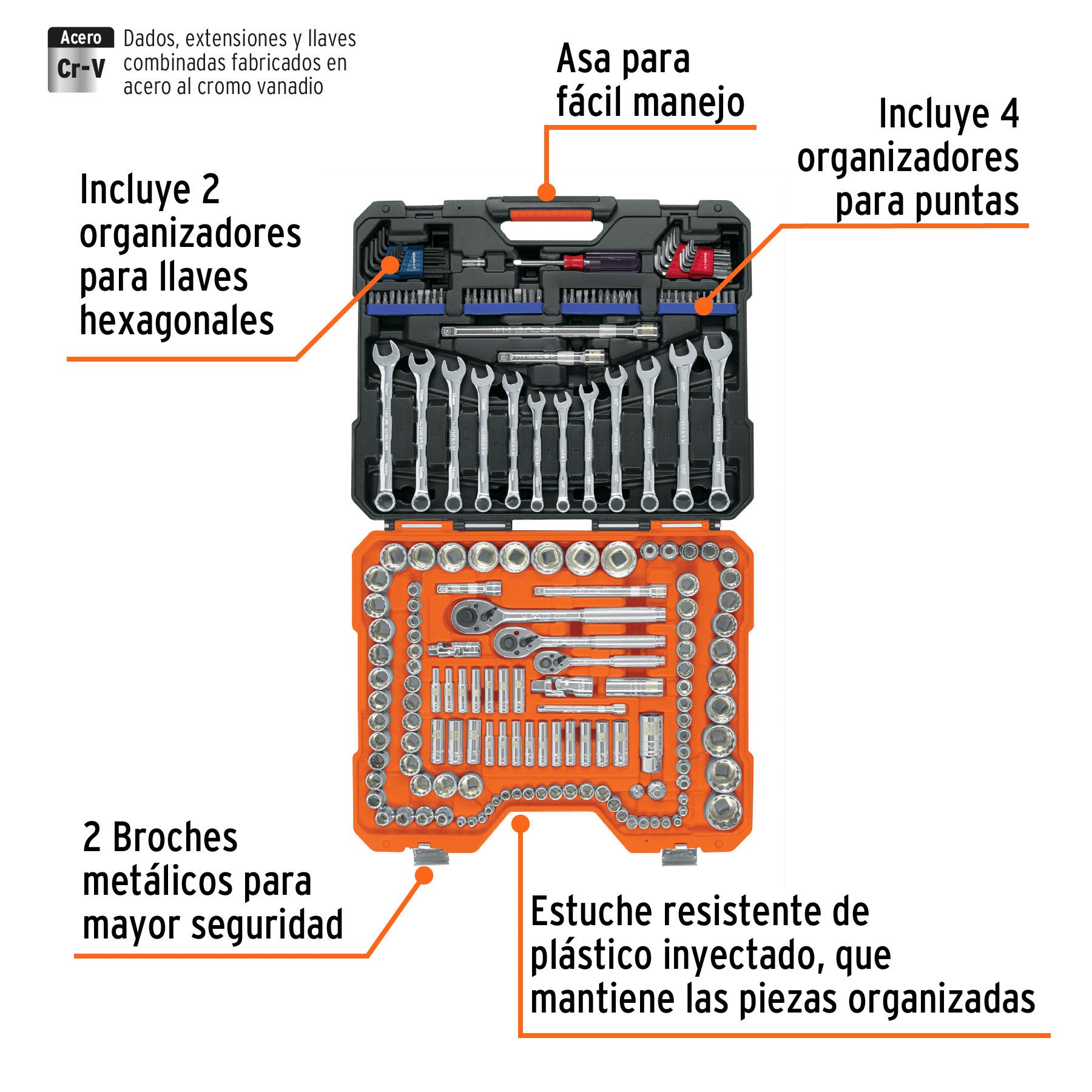 Juego 199 herramientas 1/4', 3/8' y 1/2' std y mm p/mecánico