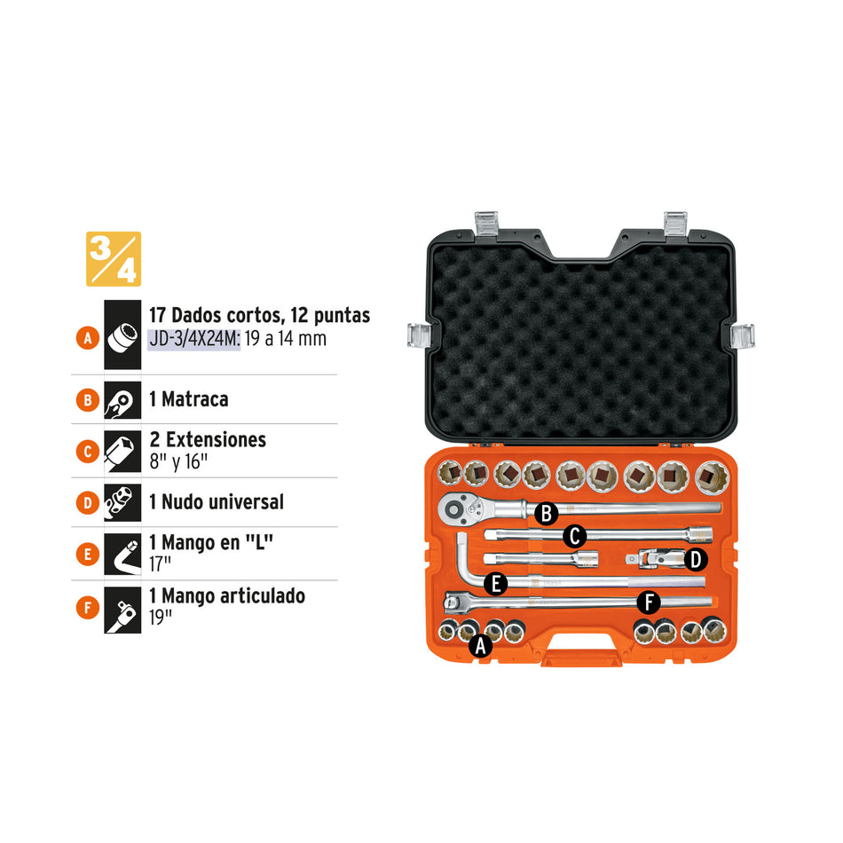 Juego de 23 herramientas cuadro 3/4' mm para mecánico