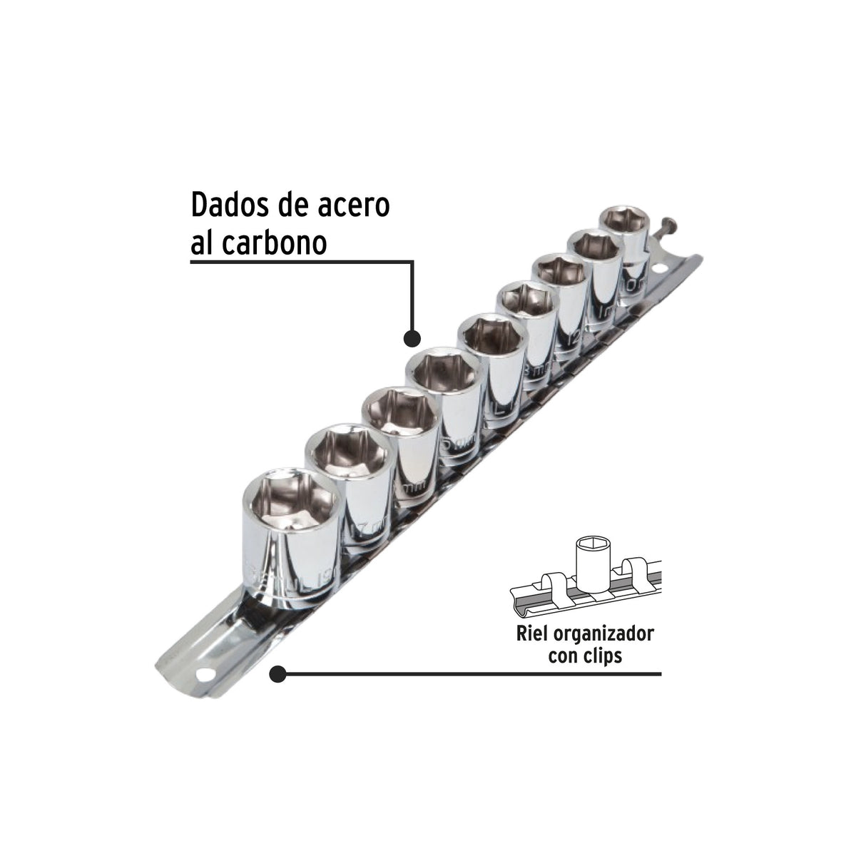 Juego de 9 dados cuadro 3/8' mm, Pretul