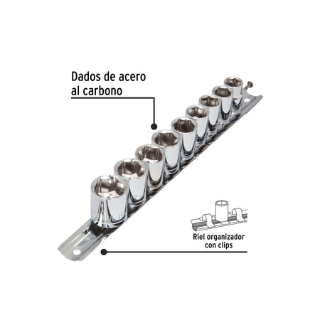 Juego de 9 dados cuadro 3/8' mm, Pretul