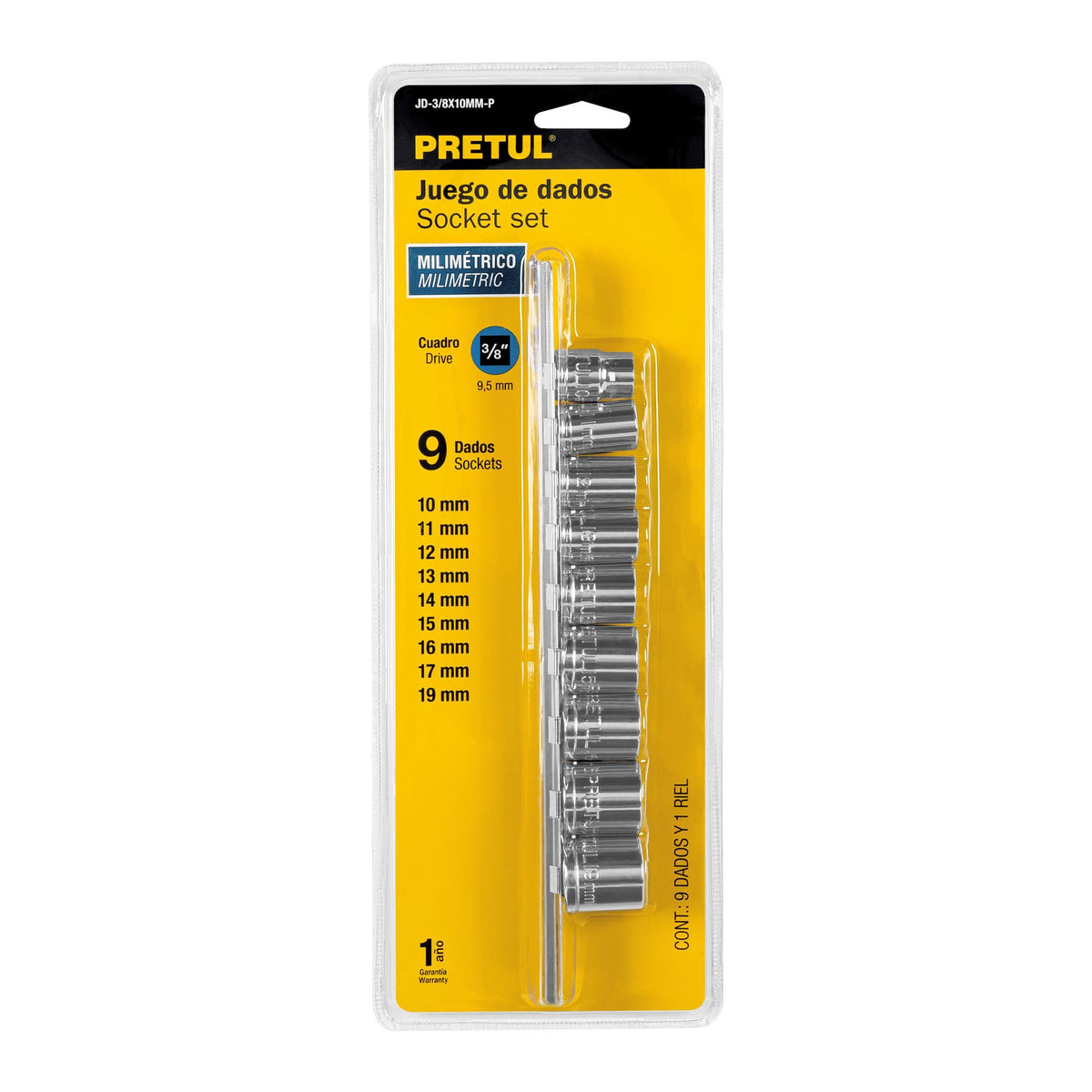 Juego de 9 dados cuadro 3/8' mm, Pretul