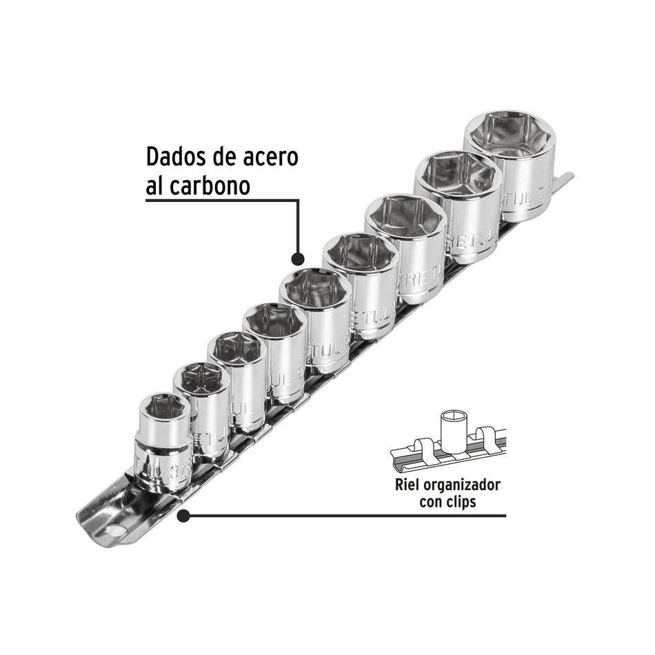 Juego de 9 dados cuadro 3/8' std, Pretul