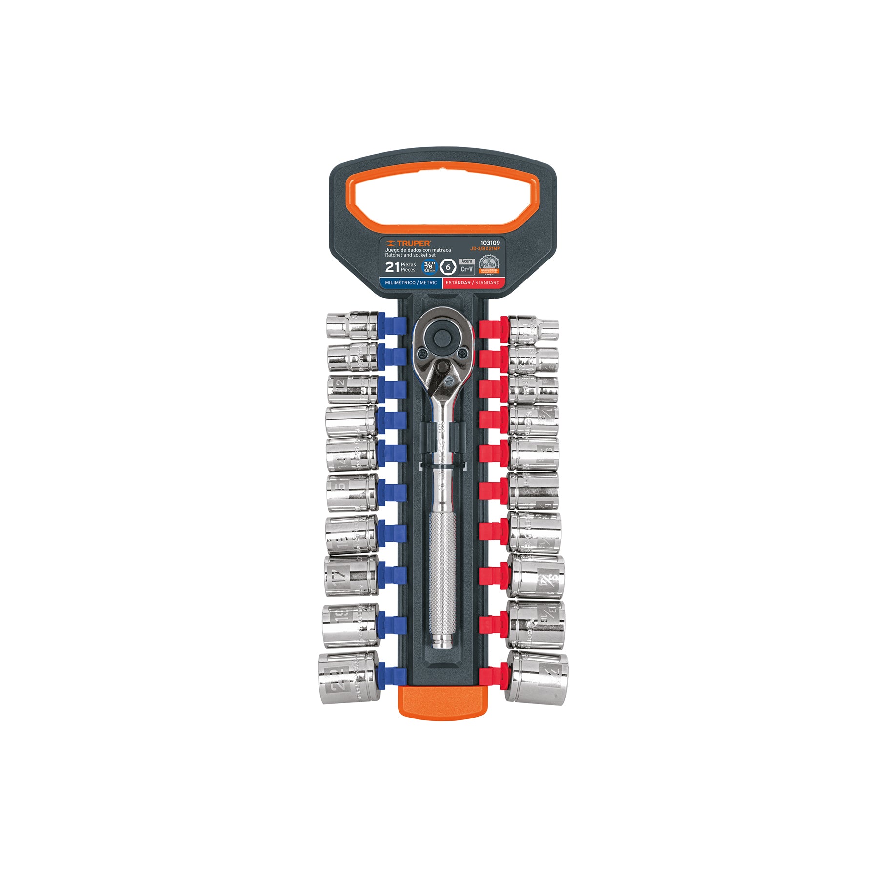 Juego de dados mm y std con matraca cuadro Truper 3/8"