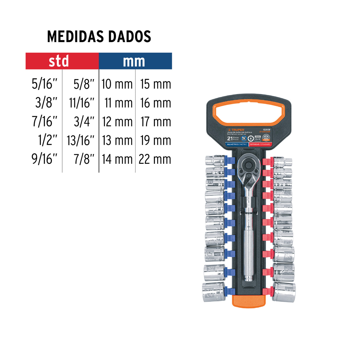 Juego de dados mm y std con matraca cuadro Truper 3/8"
