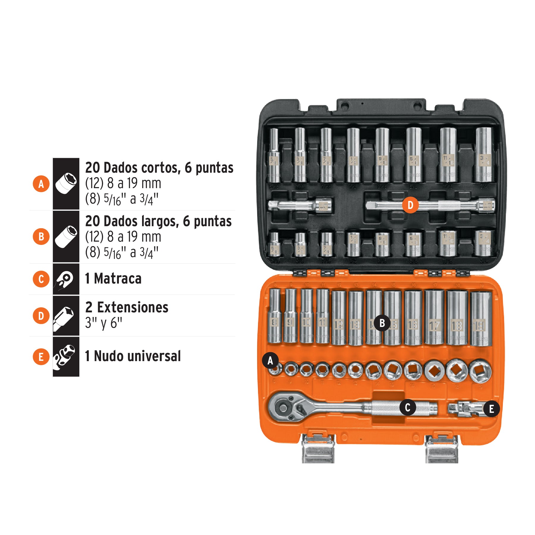 Juego de 45 herramientas cuadro 3/8' std y mm para mecánico
