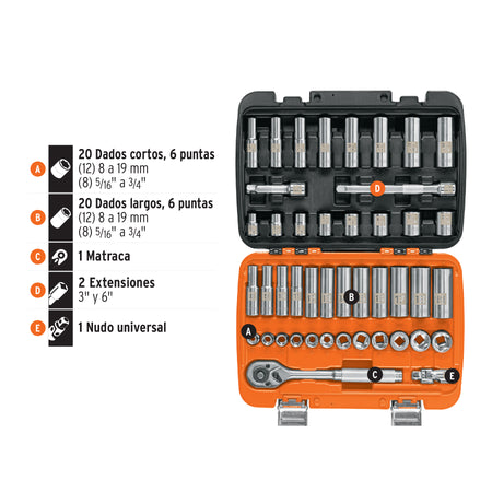 Juego de 45 herramientas cuadro 3/8' std y mm para mecánico