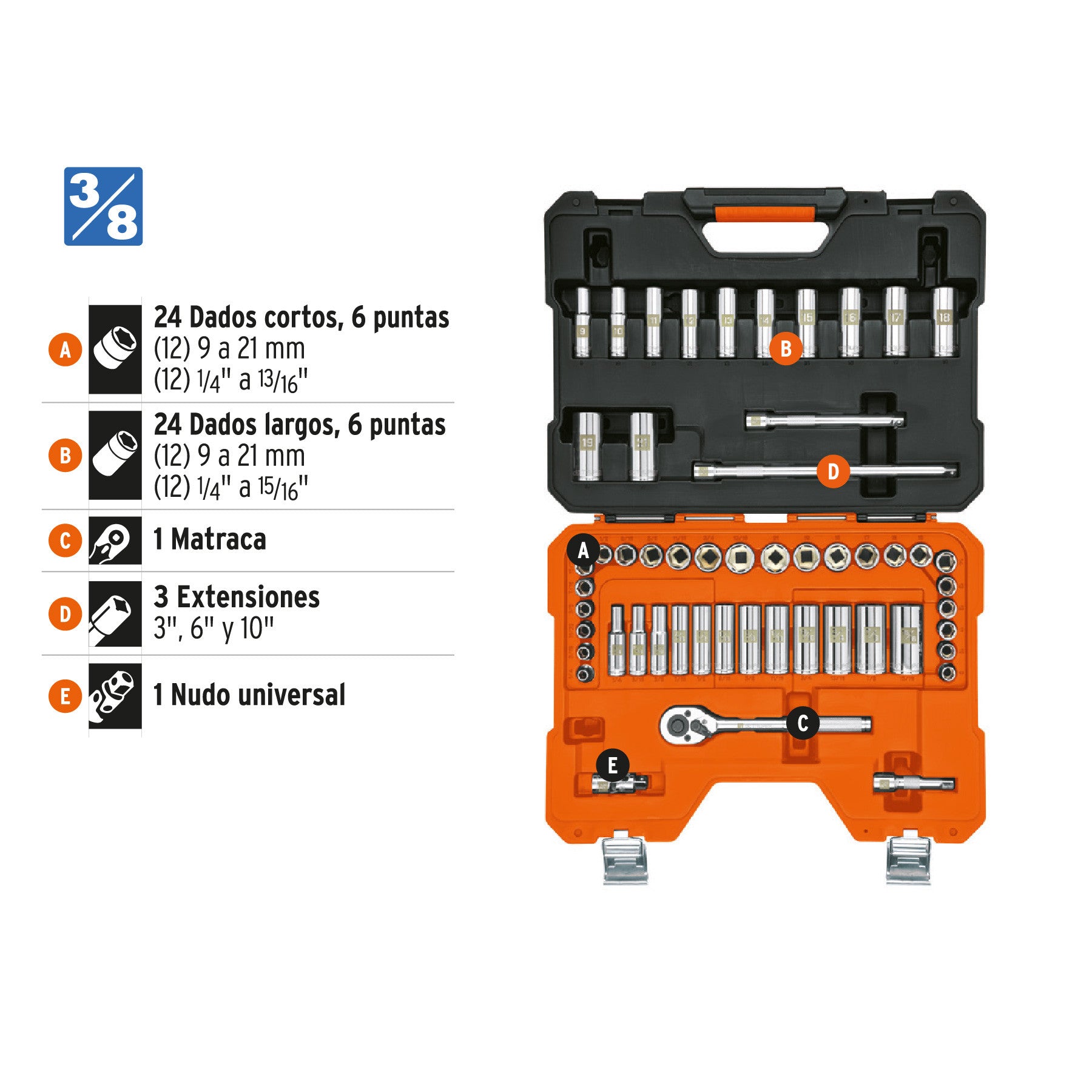 Juego de 53 herramientas cuadro 3/8' mm para mecánico