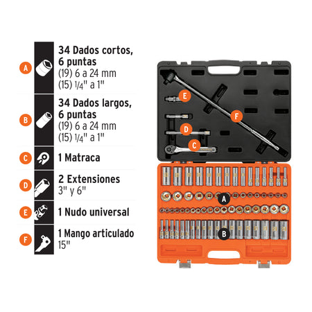 Juego de 73 herramientas cuadro 3/8' std y mm para mecánico