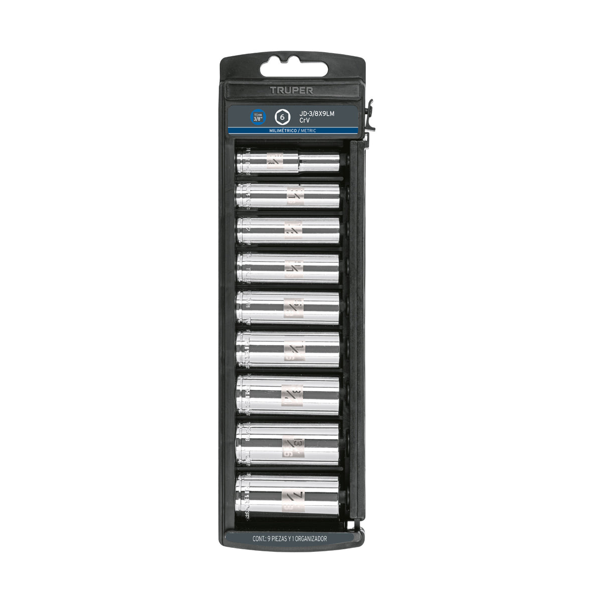 Juego de 9 dados largos cuadro 3/8' mm, Truper