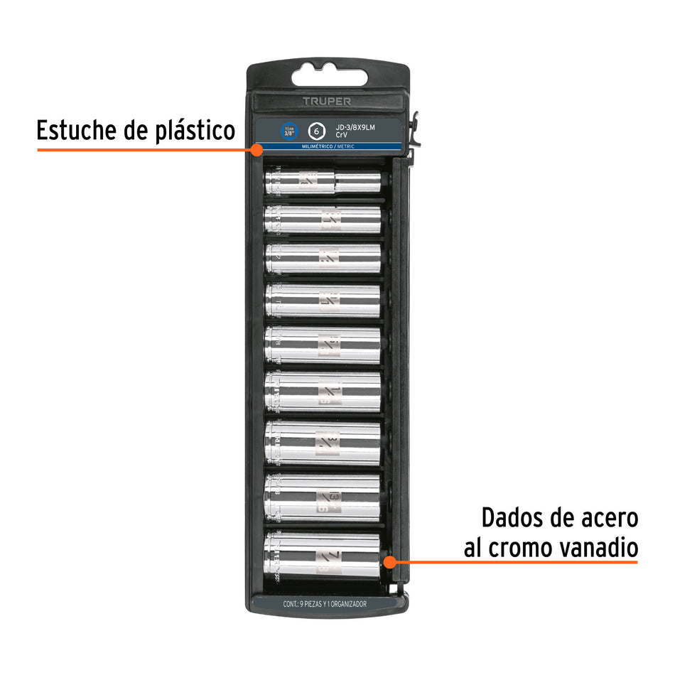 Juego de 9 dados largos cuadro 3/8' mm, Truper