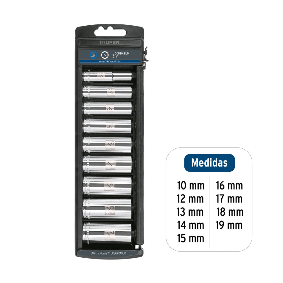 Juego de 9 dados largos cuadro 3/8' mm, Truper