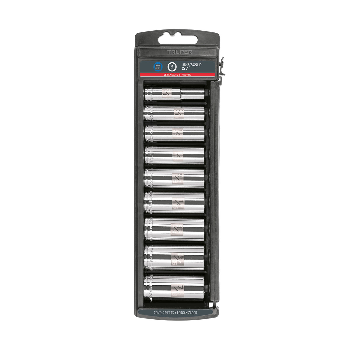 Juego de 9 dados largos cuadro 3/8' std, Truper