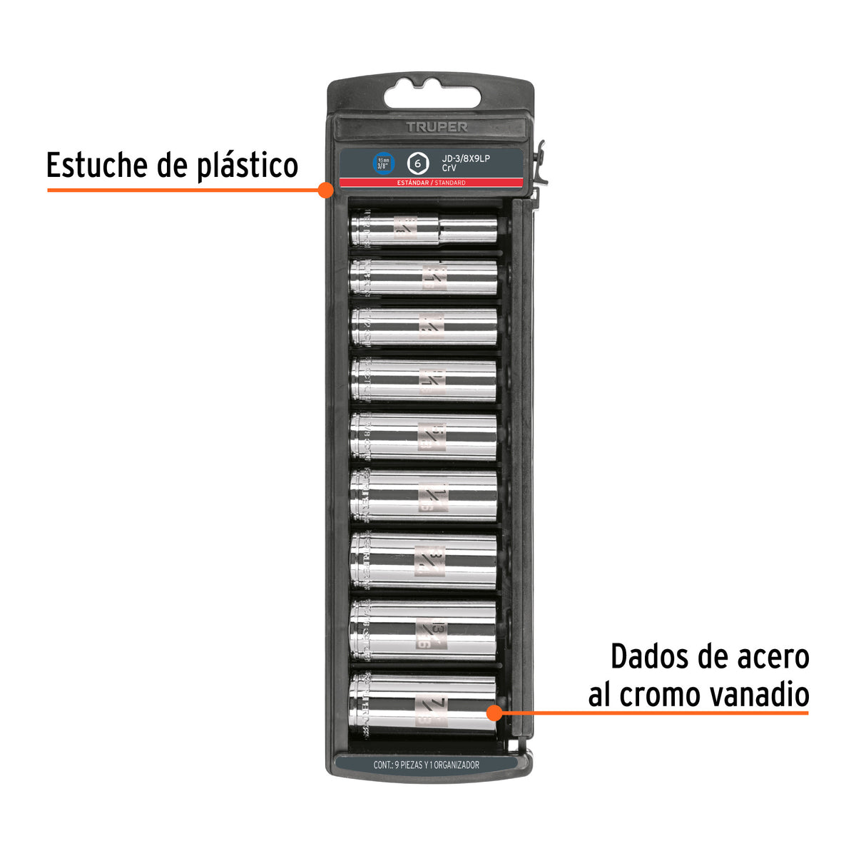 Juego de 9 dados largos cuadro 3/8' std, Truper