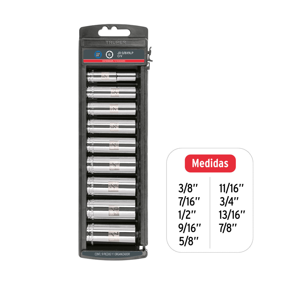 Juego de 9 dados largos cuadro 3/8' std, Truper