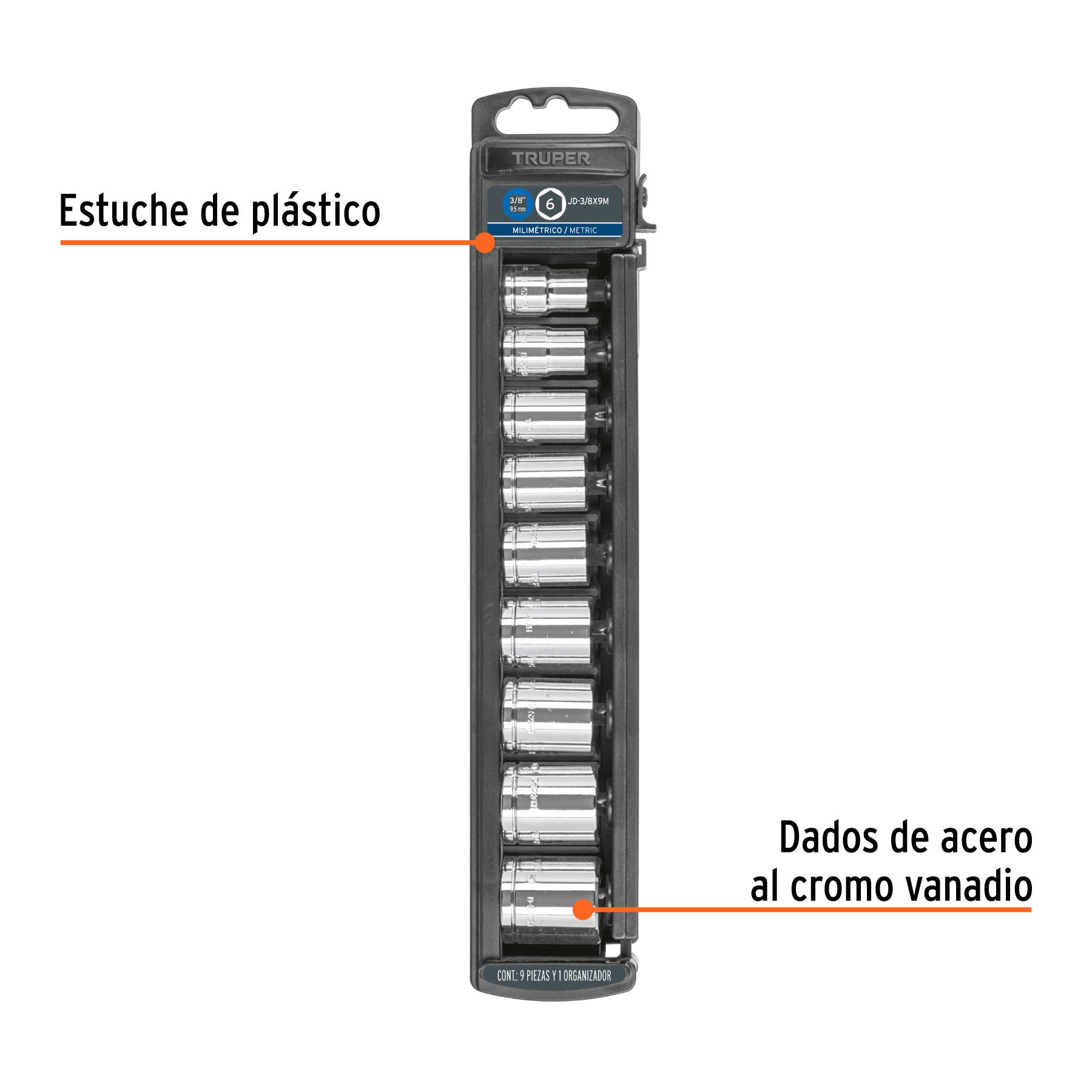 Juego de 9 dados cuadro 3/8' mm, Truper