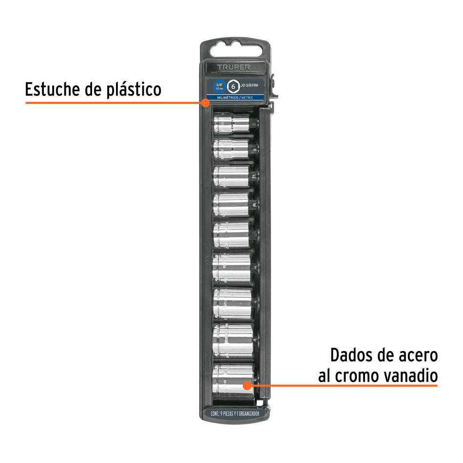 Juego de 9 dados cuadro 3/8' mm, Truper