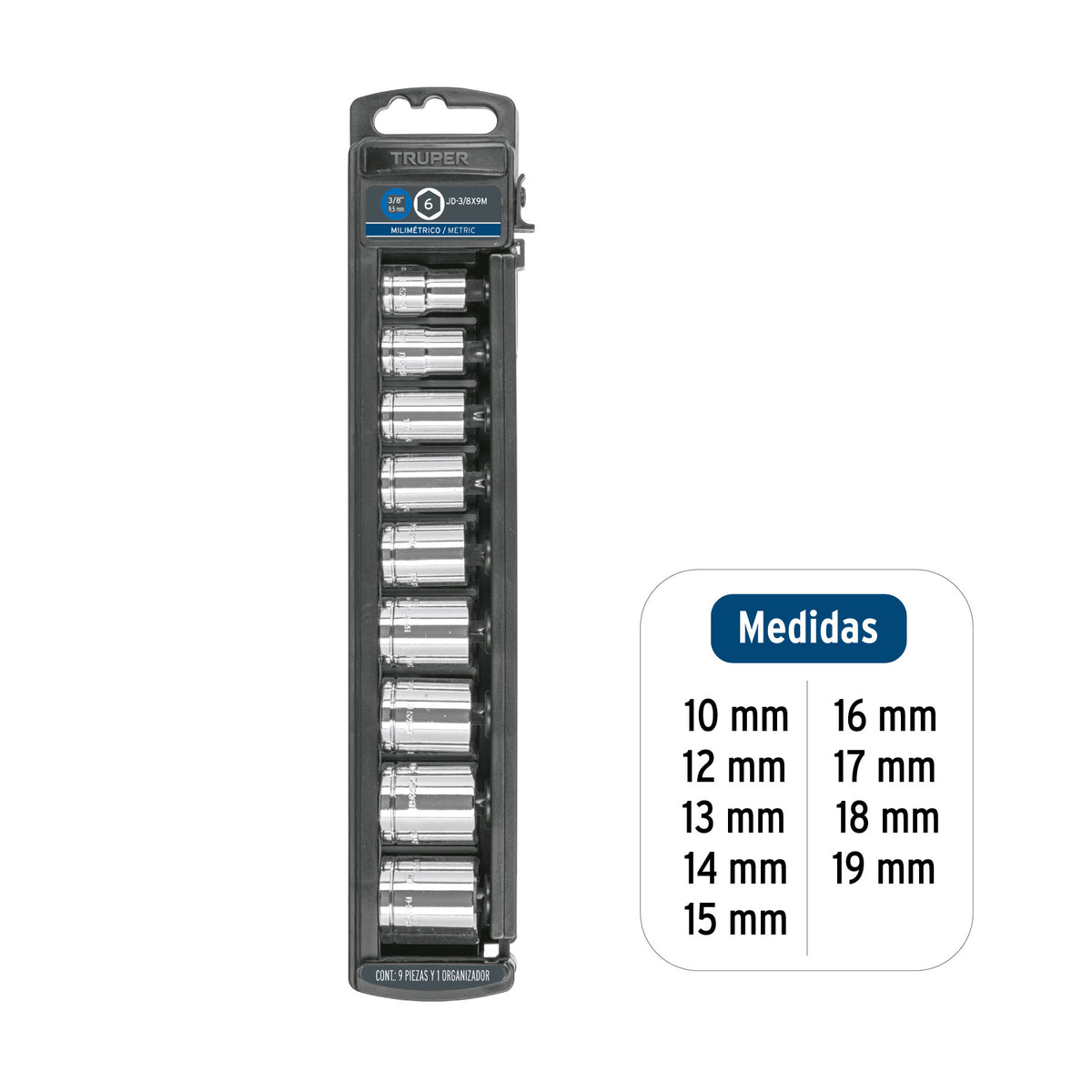 Juego de 9 dados cuadro 3/8' mm, Truper