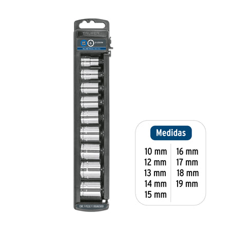 Juego de 9 dados cuadro 3/8' mm, Truper