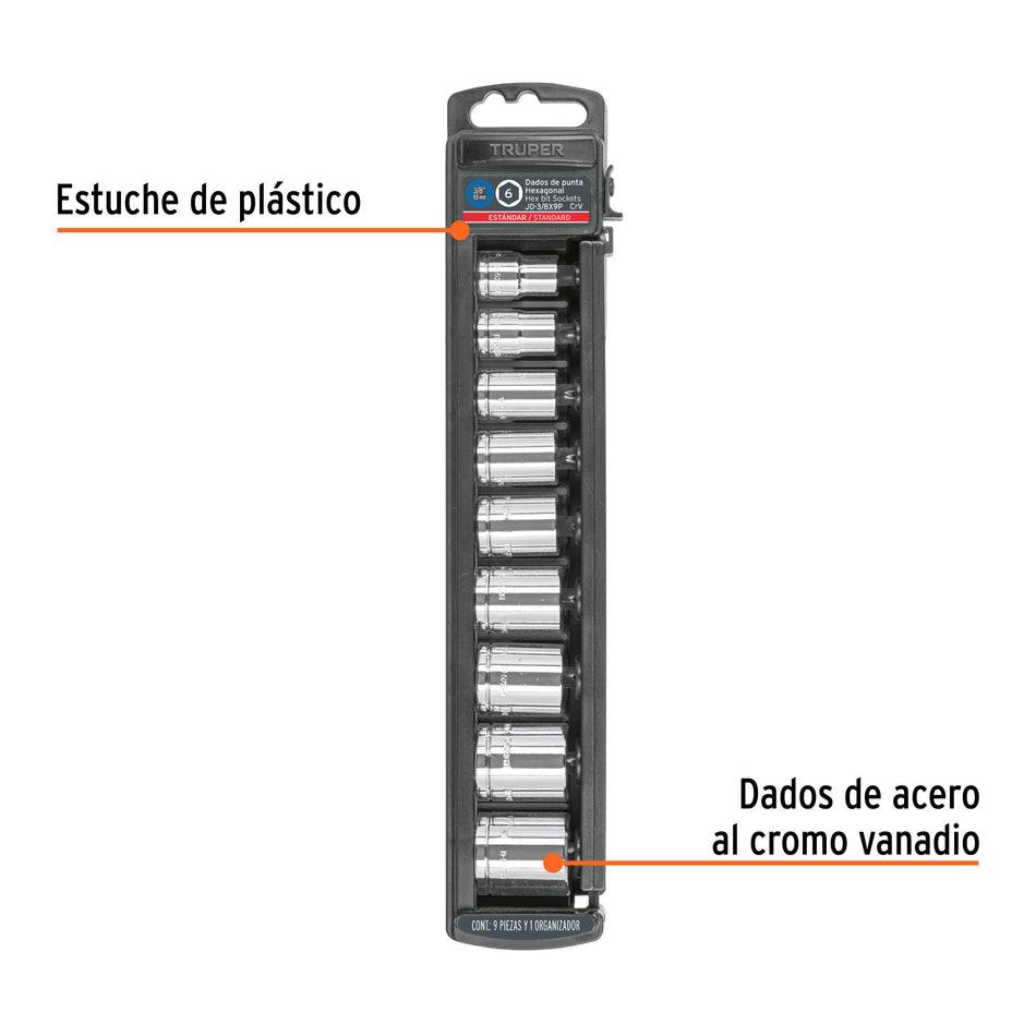 Juego de 9 dados cuadro 3/8' std, Truper