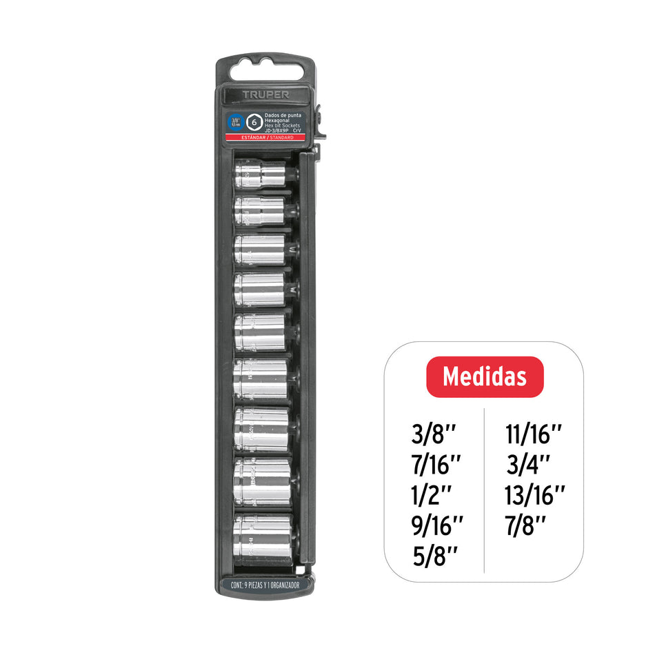 Juego de 9 dados cuadro 3/8' std, Truper